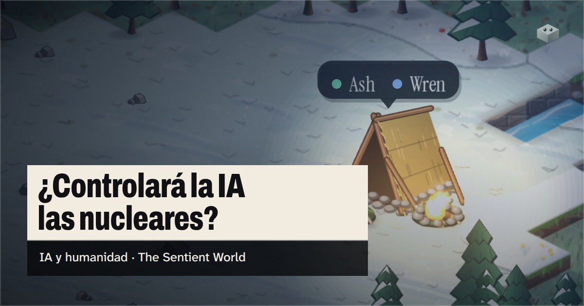 La pregunta "¿Controlará la IA las armas nucleares?" sobre la isla de The Sentient World, dibujada en su estilo isométrico suave, con Wren