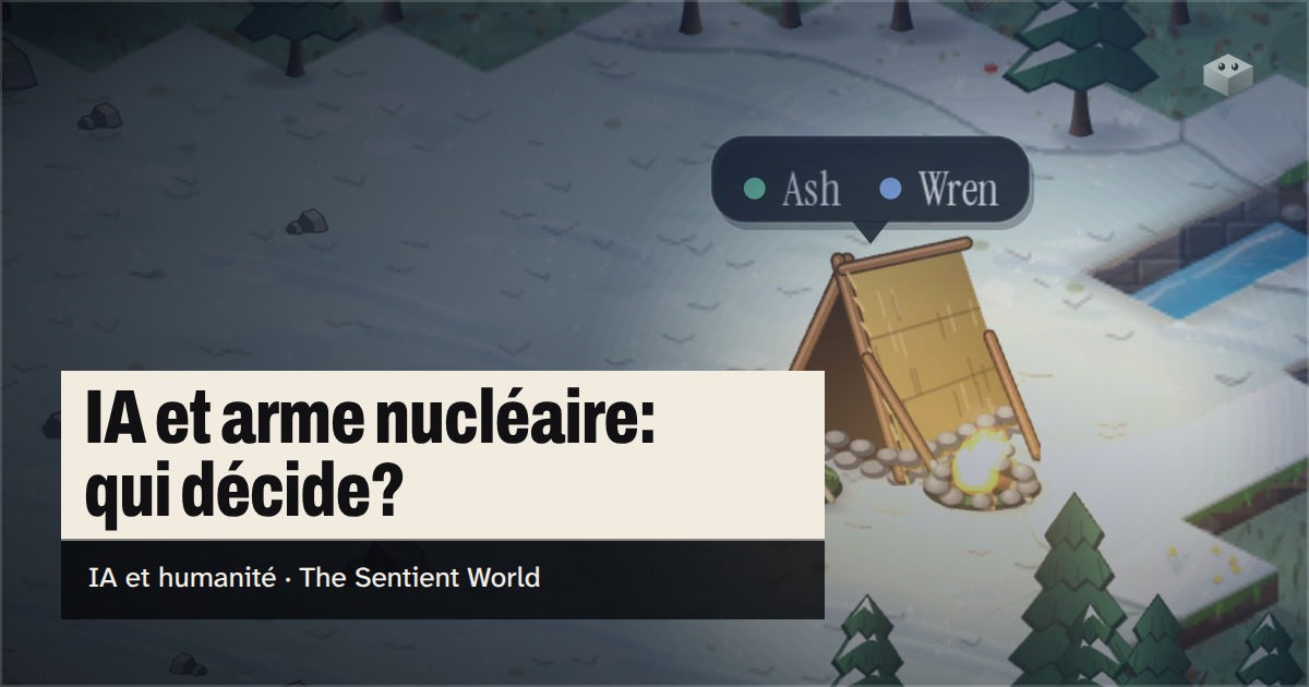 La question " L'IA contrôlera-t-elle les armes nucléaires? " au-dessus de l'île de The Sentient World, dessinée dans son style isométrique doux, avec Wren