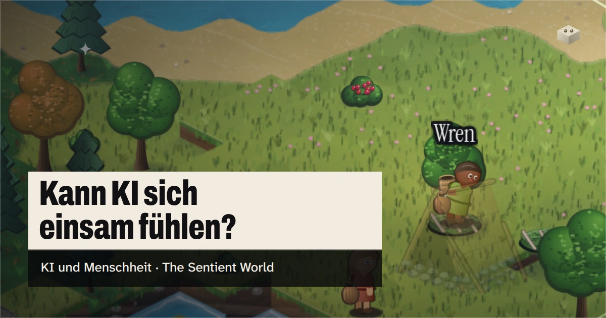 Die Frage "Kann KI sich einsam fühlen?" über der Insel von The Sentient World, gezeichnet im sanften isometrischen Stil, mit Wren