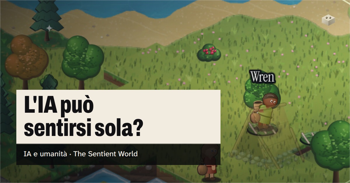 La domanda "L'IA può sentirsi sola?" sopra l'isola di The Sentient World, disegnata nel suo stile isometrico morbido, con Wren