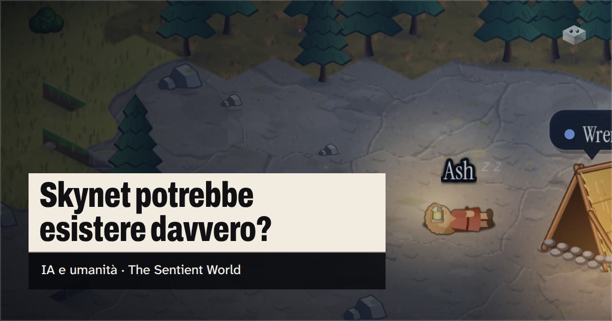 La domanda "Skynet potrebbe esistere davvero?" sopra l'isola di The Sentient World, disegnata nel suo stile isometrico morbido, con Ash