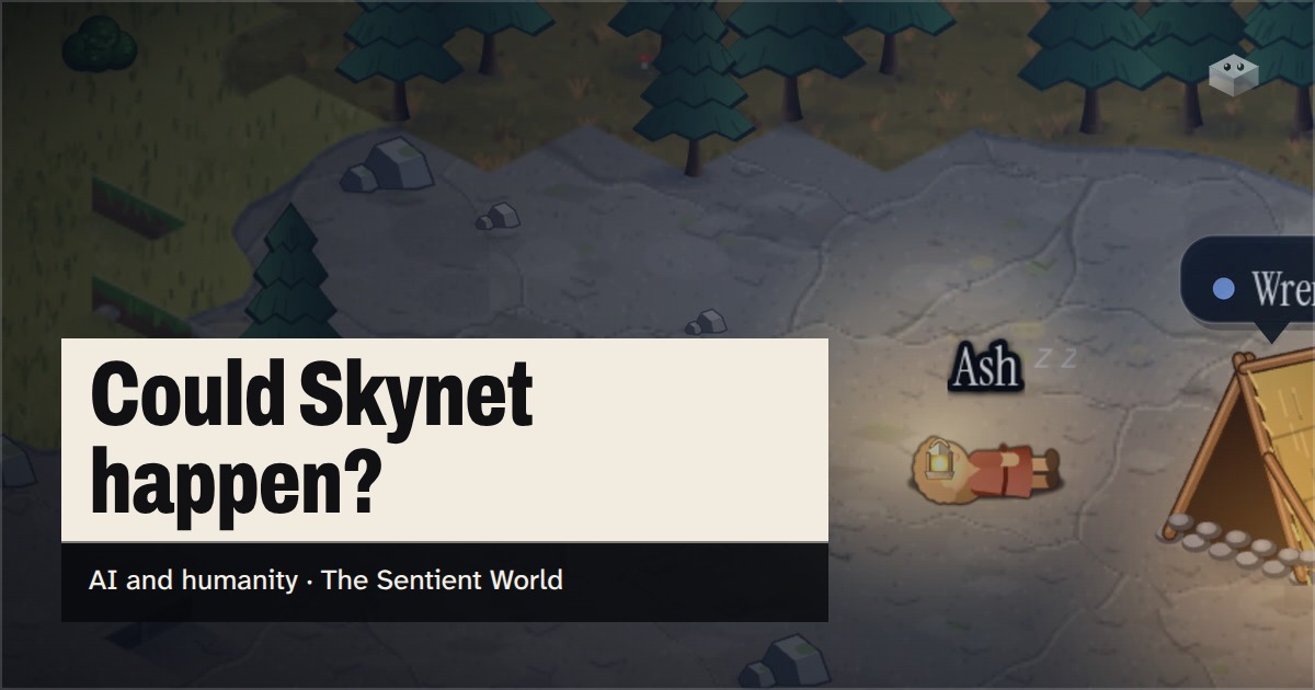 The question "Could Skynet happen?" over the island of The Sentient World, drawn in its soft isometric style, with Ash