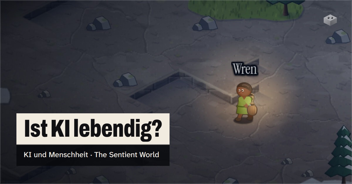 Die Frage "Ist KI lebendig?" über der Insel von The Sentient World, im weichen isometrischen Stil gezeichnet, mit Wren