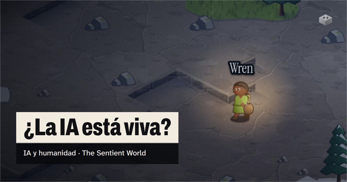 La pregunta "¿La IA está viva?" sobre la isla de The Sentient World, dibujada en su estilo isométrico suave, con Wren