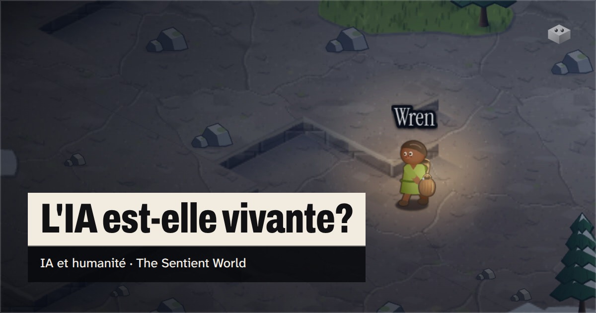 La question "L'IA est-elle vivante?" au-dessus de l'île de The Sentient World, dessinée dans son style isométrique doux, avec Wren