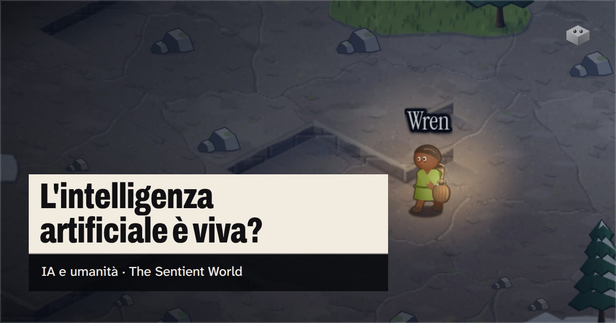 La domanda "L'intelligenza artificiale è viva?" sopra l'isola di The Sentient World, disegnata nel suo stile isometrico morbido, con Wren