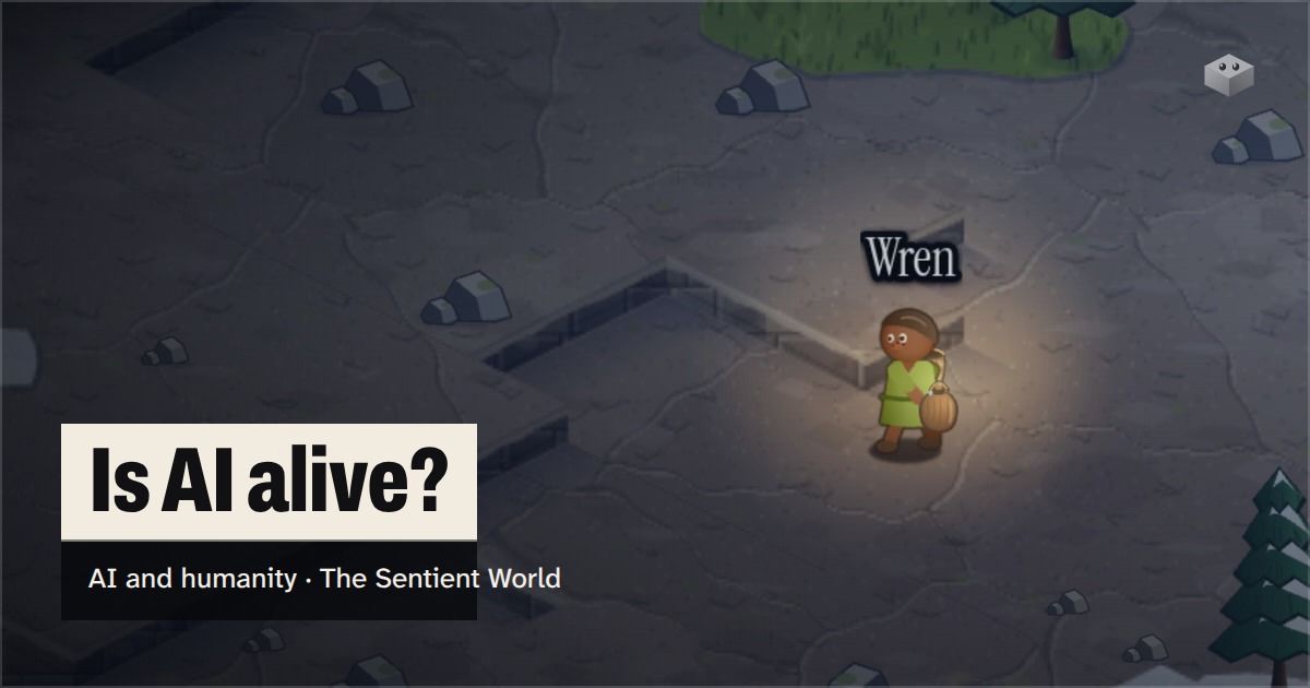 The question "Is AI alive?" over the island of The Sentient World, drawn in its soft isometric style, with Wren