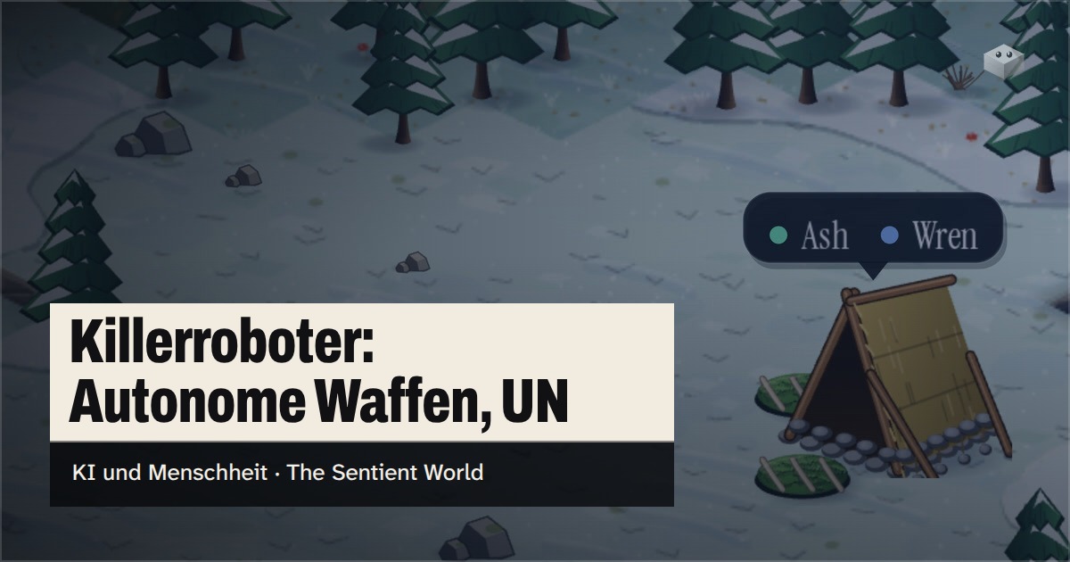 Die Frage "Was sind Killerroboter?" über der Insel von The Sentient World, gezeichnet im sanften isometrischen Stil der Welt, mit Wren