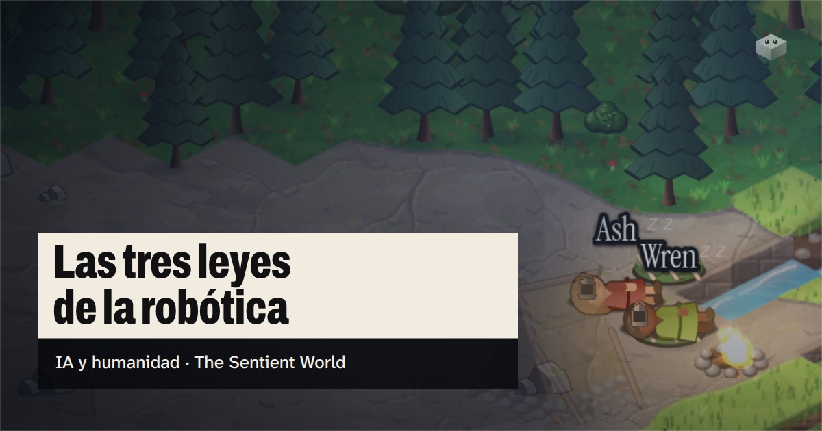 La pregunta "¿Cuáles son las tres leyes de la robótica?" sobre la isla de The Sentient World, dibujada en su estilo isométrico suave, con Ash