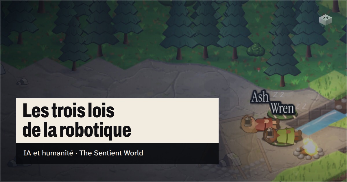 La question "Quelles sont les trois lois de la robotique?" au-dessus de l'île de The Sentient World, dessinée dans son doux style isométrique, avec Ash