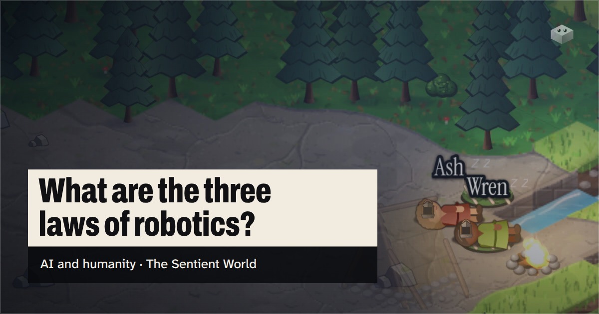 The question "What are the three laws of robotics?" over the island of The Sentient World, drawn in its soft isometric style, with Ash