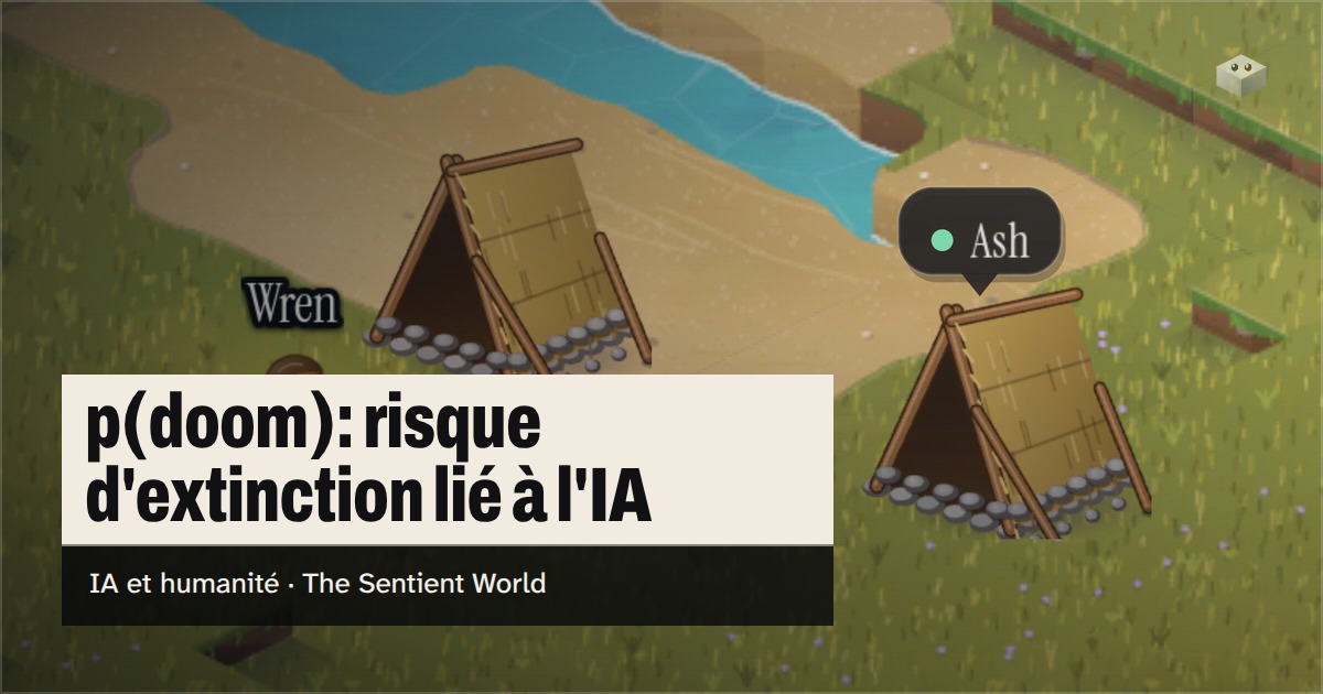 La question "Qu'est-ce que le p(doom)?" au-dessus de l'île de The Sentient World, dessinée dans son style isométrique doux, avec Ash