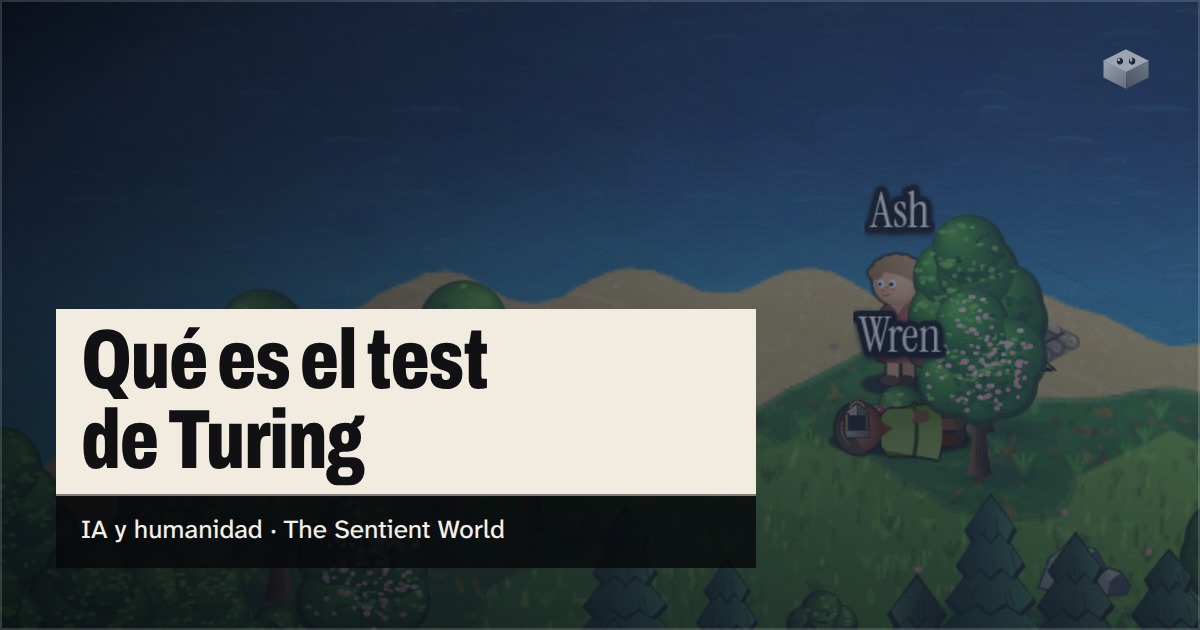 La pregunta "¿Qué es el test de Turing?" sobre la isla de The Sentient World, dibujada en su estilo isométrico suave, con Wren