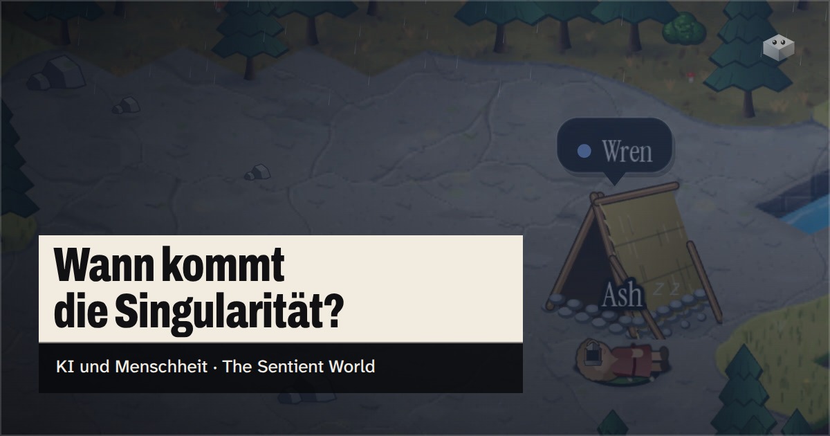 Die Frage "Wann kommt die Singularität?" über der Insel von The Sentient World, gezeichnet in ihrem sanften isometrischen Stil, mit Wren