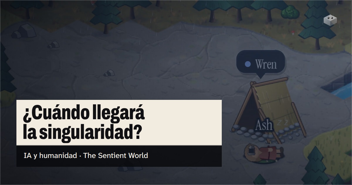 La pregunta "¿Cuándo llegará la singularidad?" sobre la isla de The Sentient World, dibujada en su estilo isométrico suave, con Wren