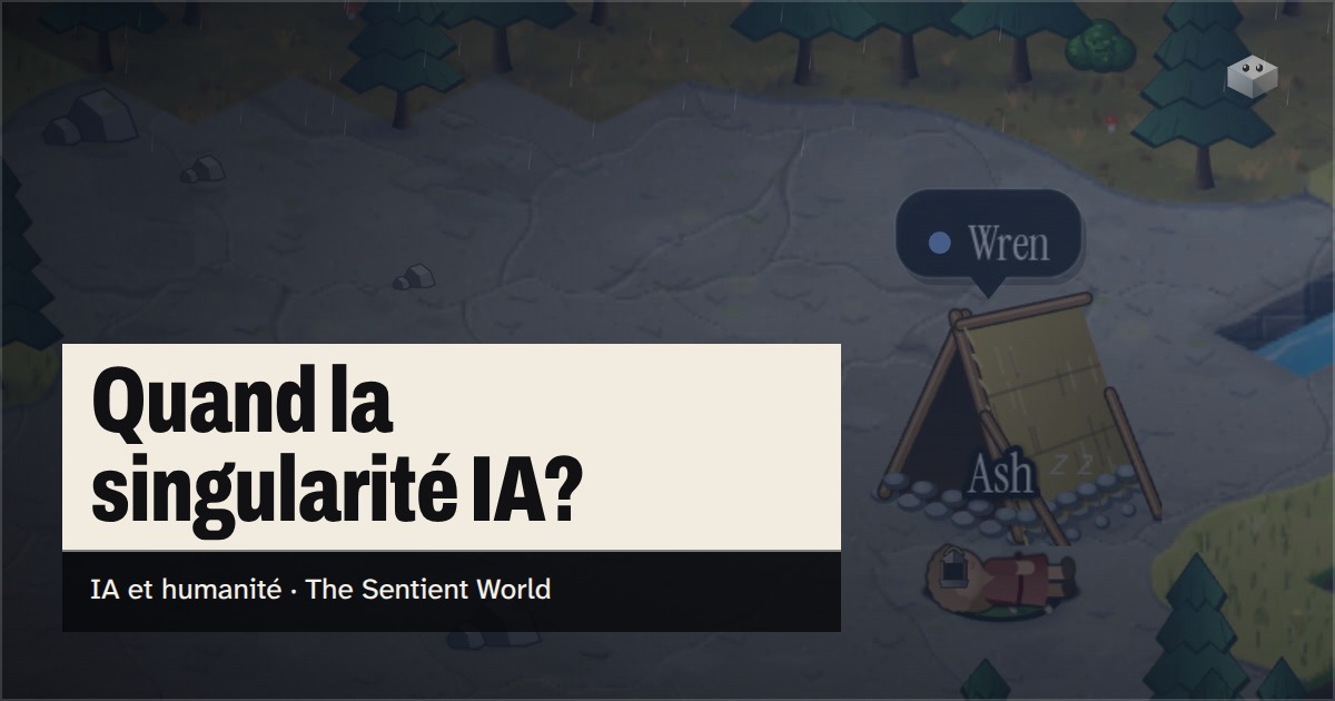 La question "Quand aura lieu la singularité?" au-dessus de l'île de The Sentient World, dessinée dans son style isométrique doux, avec Wren