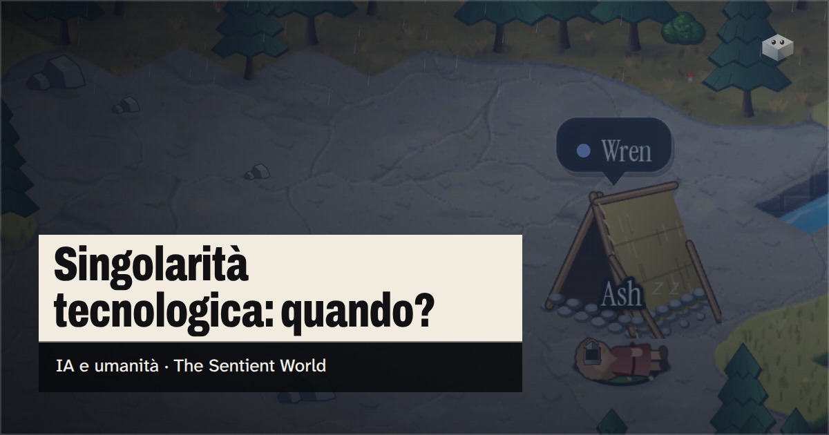 La domanda "Quando arriverà la singolarità?" sopra l'isola di The Sentient World, disegnata nel suo stile isometrico morbido, con Wren