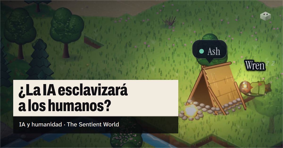 La pregunta "¿La IA nos esclavizará?" sobre la isla de The Sentient World, dibujada en su estilo isométrico suave, con Ash