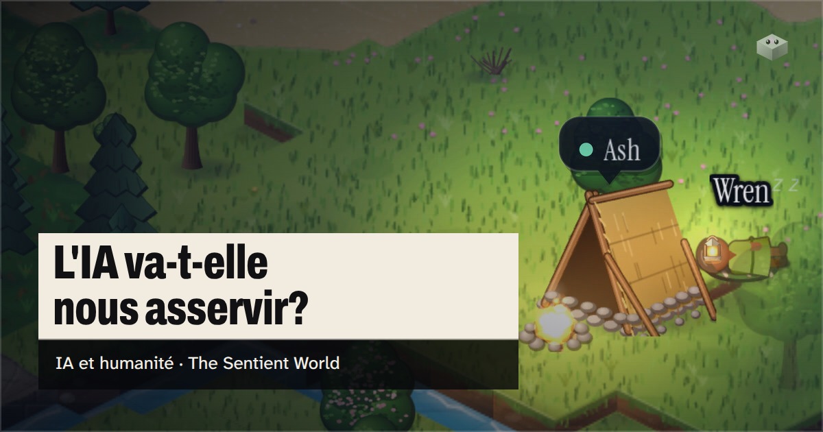La question " L'IA va-t-elle nous asservir? " au-dessus de l'île de The Sentient World, dessinée dans son style isométrique doux, avec Ash