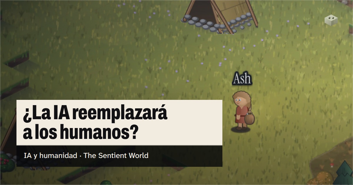 La pregunta "¿la IA reemplazará a los humanos?" sobre la isla de The Sentient World, dibujada en su suave estilo isométrico, con Ash