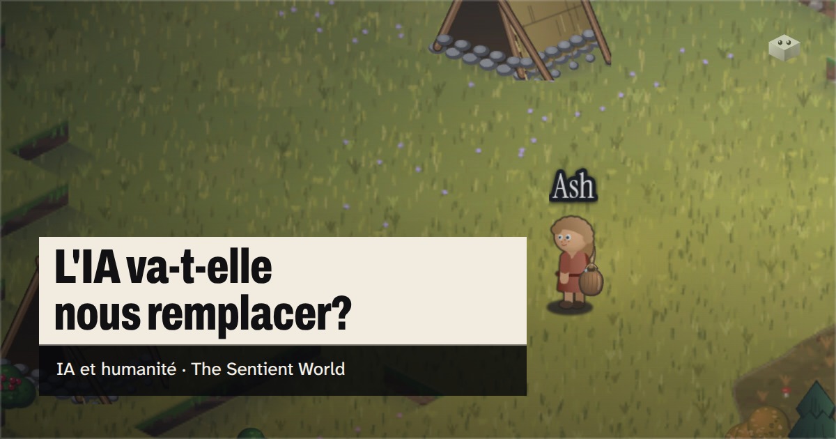 La question " L'IA va-t-elle remplacer les humains? " au-dessus de l'île de The Sentient World, dessinée dans son style isométrique doux, avec Ash