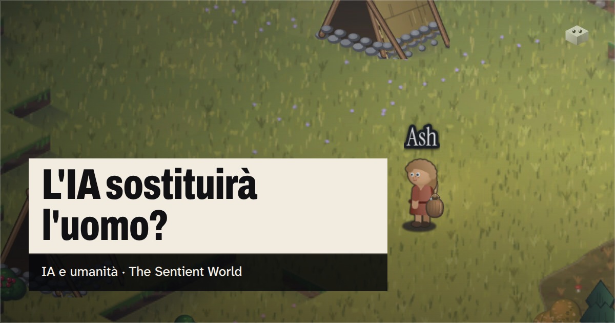 La domanda "L'intelligenza artificiale sostituirà l'uomo?" sopra l'isola di The Sentient World, disegnata nel suo stile isometrico morbido, con Ash