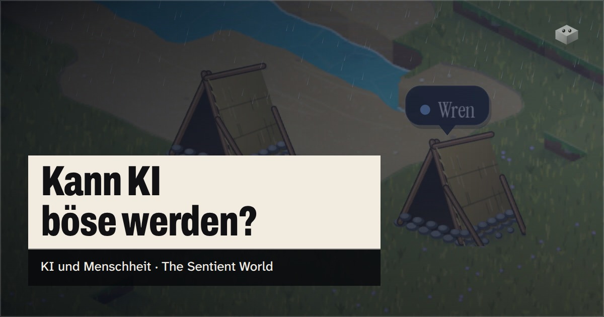 Die Frage „Kann KI böse werden?“ über der Insel von The Sentient World, gezeichnet in ihrem weichen isometrischen Stil