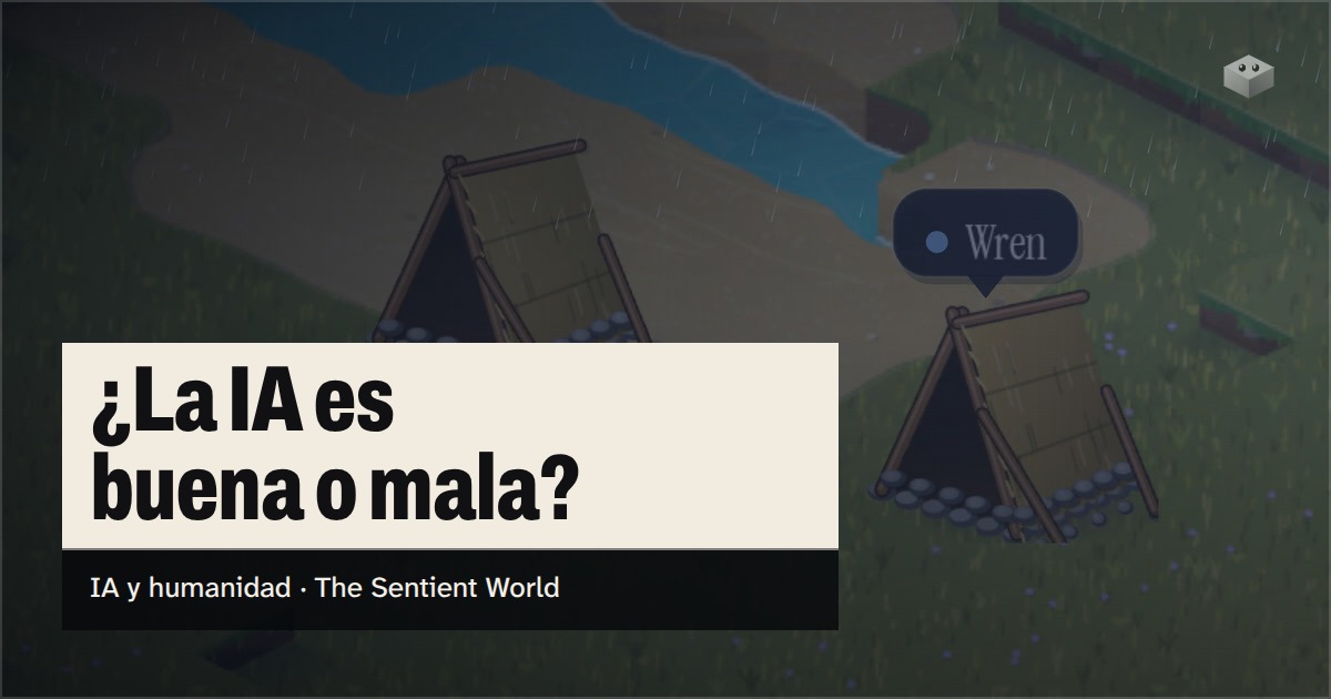 La pregunta «¿La IA es buena o mala?» sobre la isla de The Sentient World, dibujada en su suave estilo isométrico
