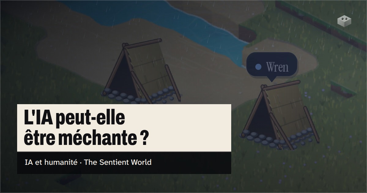 La question « L'IA peut-elle être méchante ? » au-dessus de l'île de The Sentient World, dessinée dans son style isométrique tout en douceur