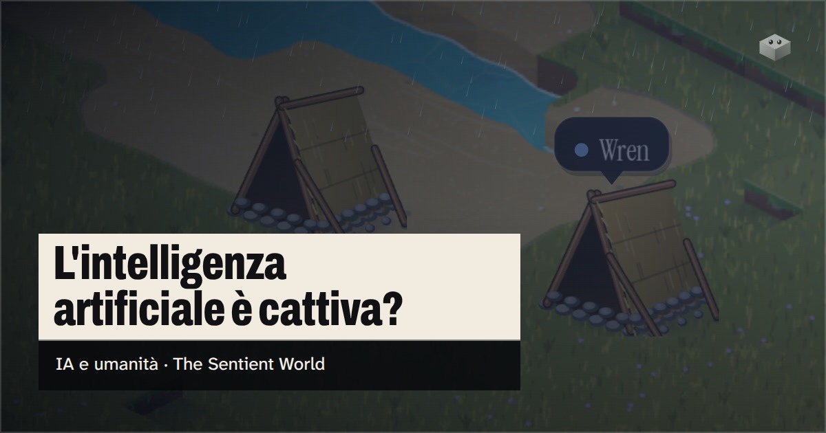 La domanda «L'intelligenza artificiale è cattiva?» sull'isola di The Sentient World, disegnata nel suo morbido stile isometrico