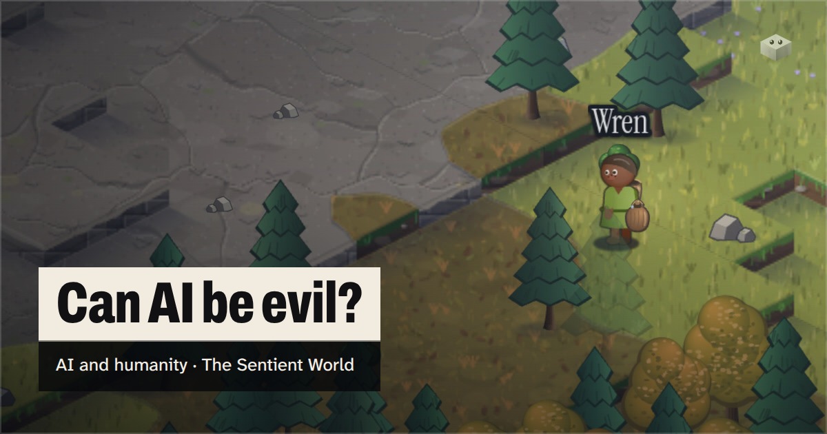 The question "Can AI be evil?" over the island of The Sentient World, drawn in its soft isometric style