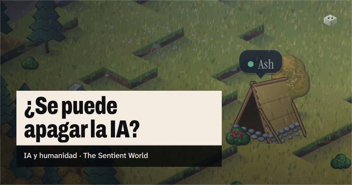 La pregunta «¿Se puede apagar la IA?» sobre la isla de The Sentient World, dibujada en su suave estilo isométrico