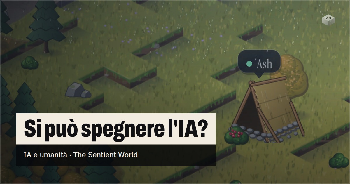 La domanda «Si può spegnere l'IA?» sull'isola di The Sentient World, disegnata nel suo morbido stile isometrico