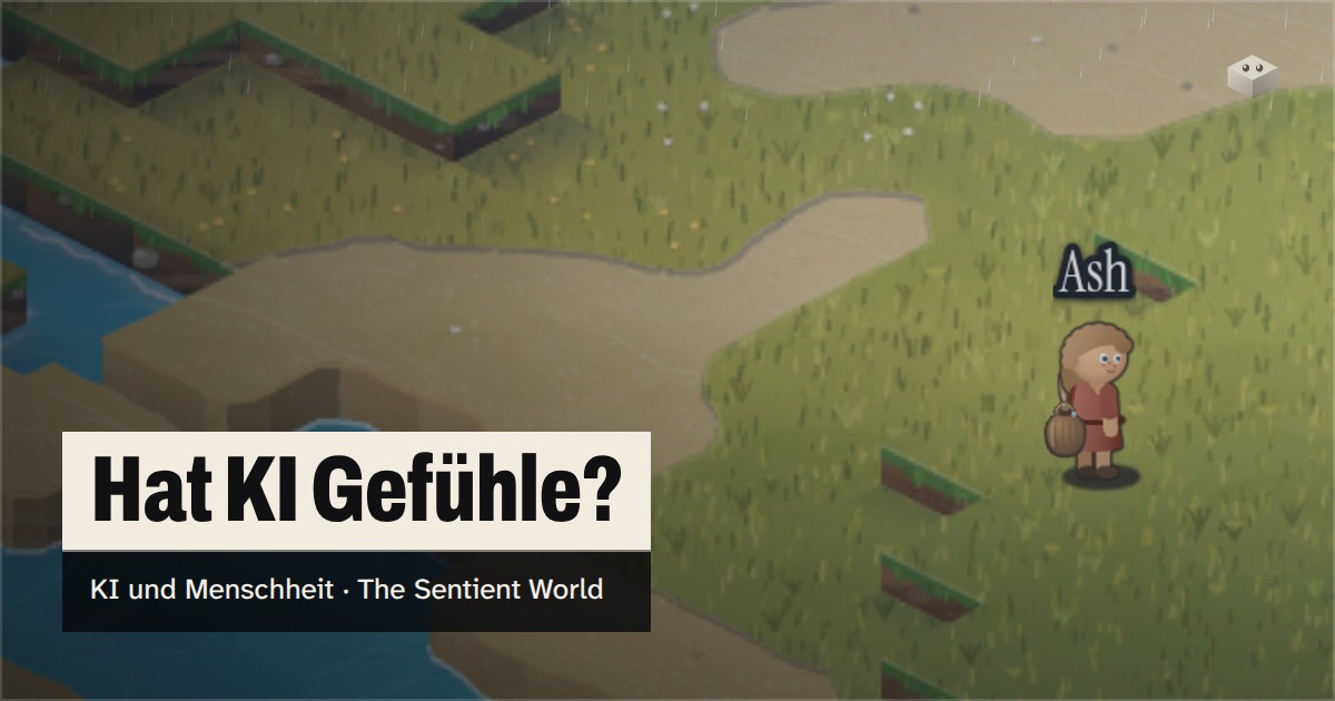 Die Frage „Hat KI Gefühle?“ über der Insel von The Sentient World, gezeichnet in ihrem weichen isometrischen Stil