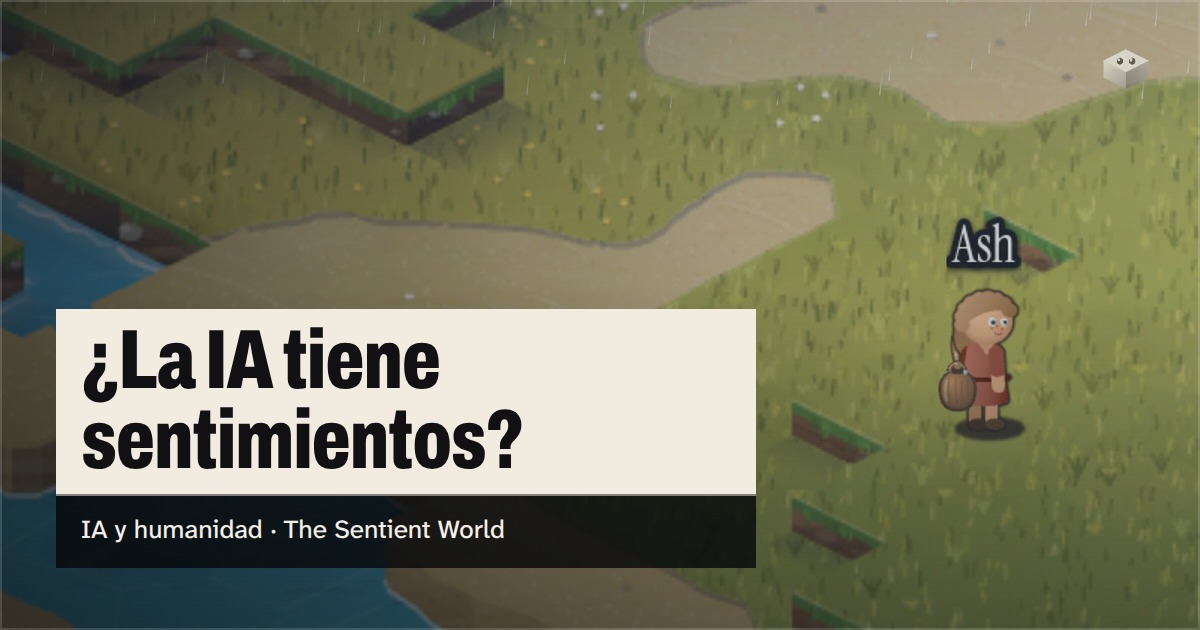 La pregunta «¿La IA tiene sentimientos?» sobre la isla de The Sentient World, dibujada en su suave estilo isométrico