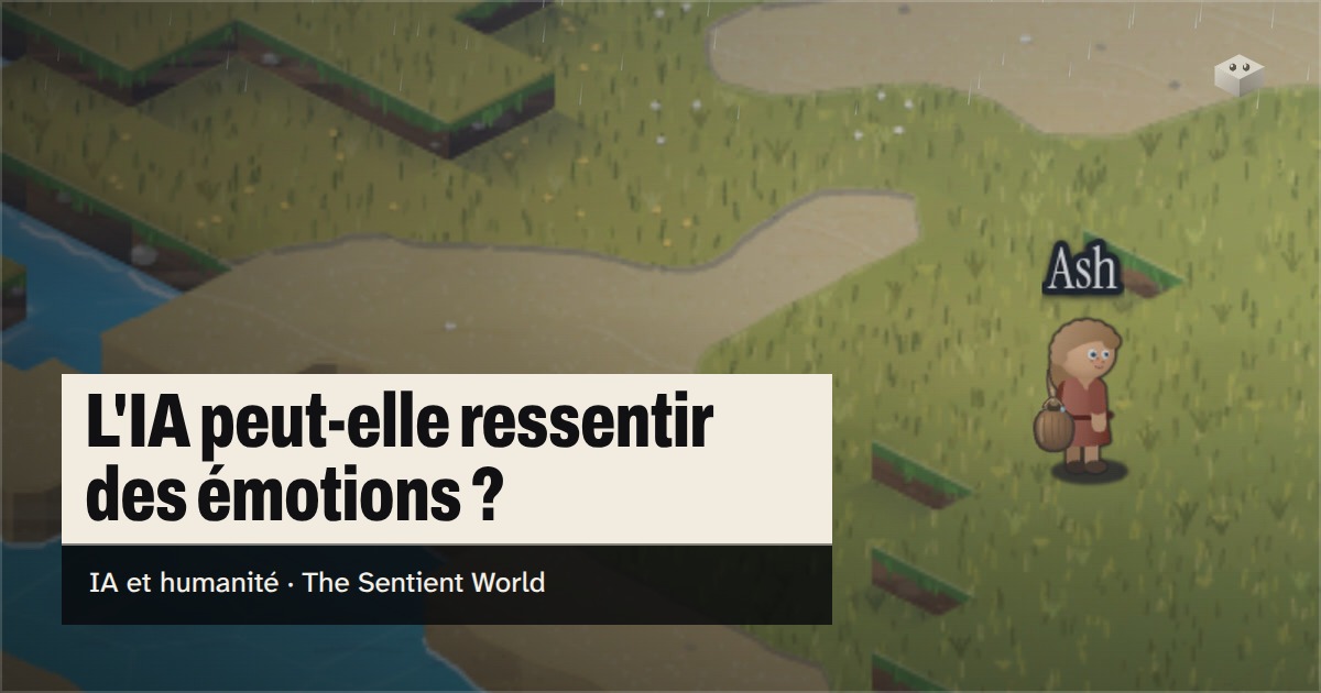 La question « L'IA peut-elle ressentir des émotions ? » au-dessus de l'île de The Sentient World, dessinée dans son style isométrique tout en douceur