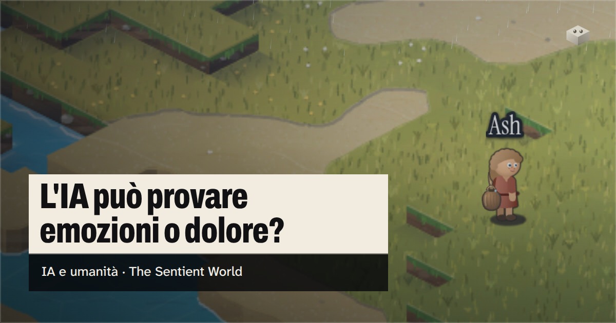 La domanda «L'IA può provare emozioni o dolore?» sull'isola di The Sentient World, disegnata nel suo morbido stile isometrico