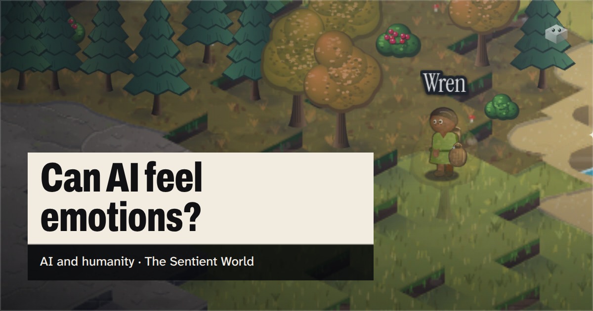 The question "Can AI feel emotions?" over the island of The Sentient World, drawn in its soft isometric style