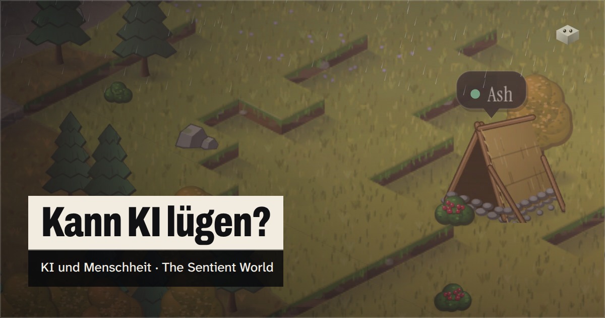 Die Frage „Kann KI lügen?“ über der Insel von The Sentient World, gezeichnet in ihrem weichen isometrischen Stil