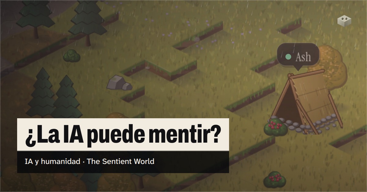 La pregunta «¿La IA puede mentir?» sobre la isla de The Sentient World, dibujada en su suave estilo isométrico