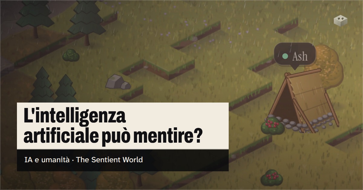 La domanda «L'intelligenza artificiale può mentire?» sull'isola di The Sentient World, disegnata nel suo morbido stile isometrico