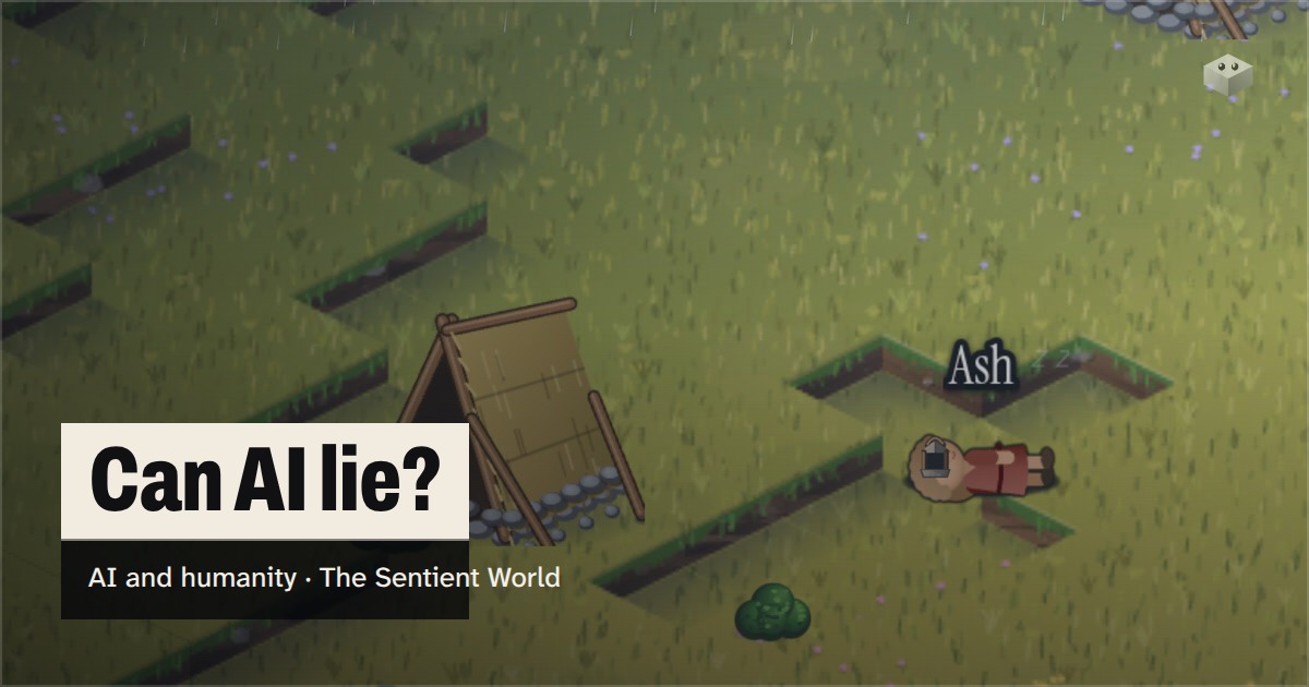 The question "Can AI lie?" over the island of The Sentient World, drawn in its soft isometric style