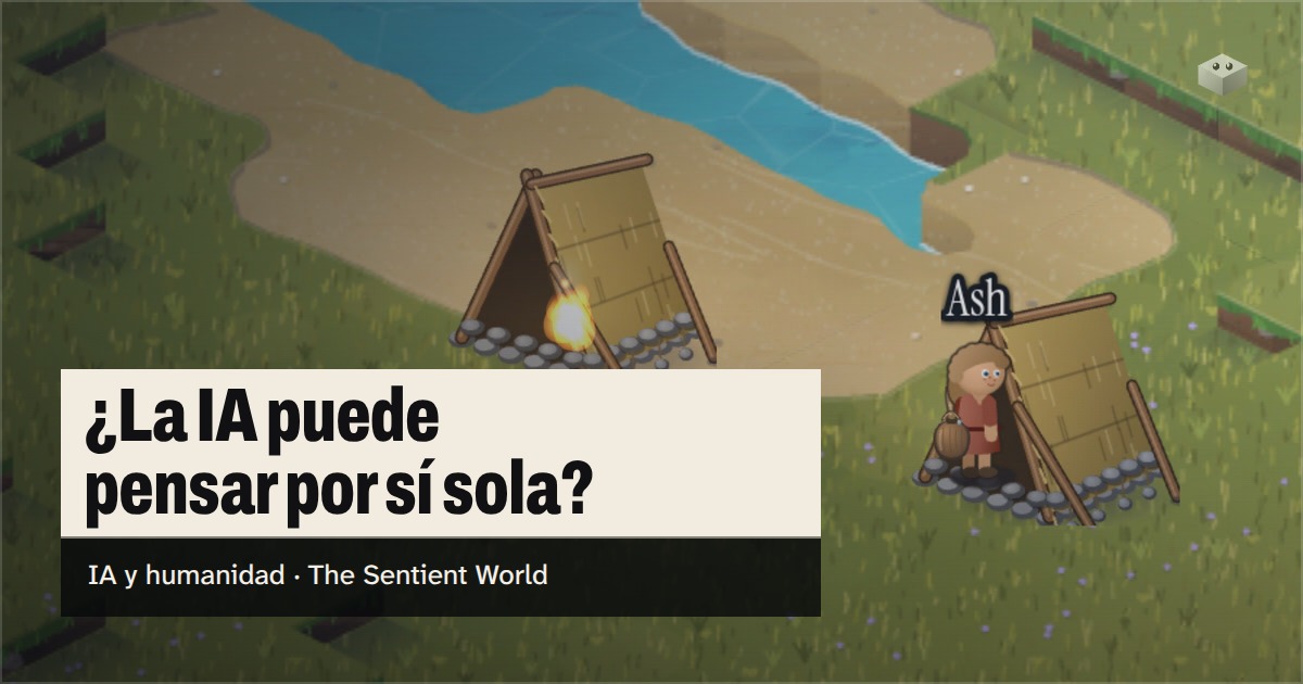 La pregunta «¿La IA puede pensar por sí sola?» sobre la isla de The Sentient World, dibujada en su suave estilo isométrico