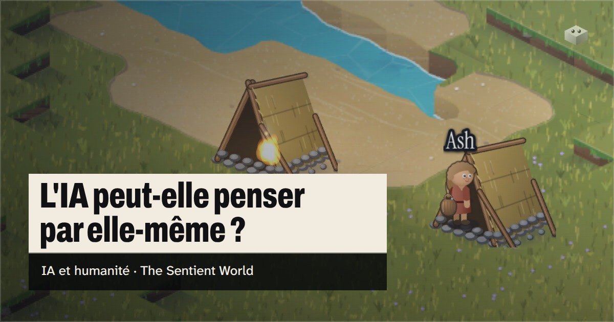 La question « L'IA peut-elle penser par elle-même ? » au-dessus de l'île de The Sentient World, dessinée dans son style isométrique tout en douceur
