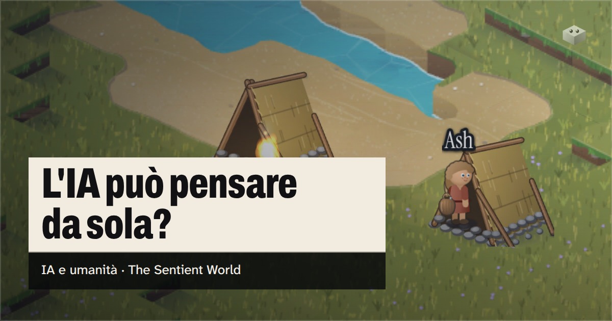 La domanda «L'IA può pensare da sola?» sull'isola di The Sentient World, disegnata nel suo morbido stile isometrico