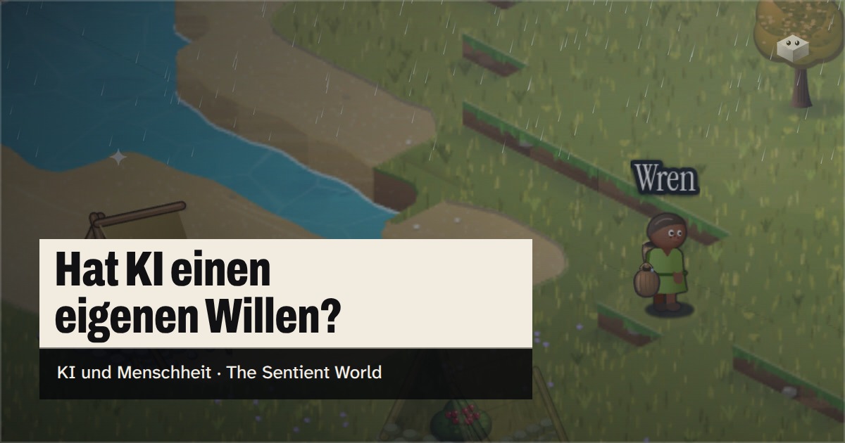 Die Frage „Hat KI einen eigenen Willen?“ über der Insel von The Sentient World, gezeichnet in ihrem weichen isometrischen Stil