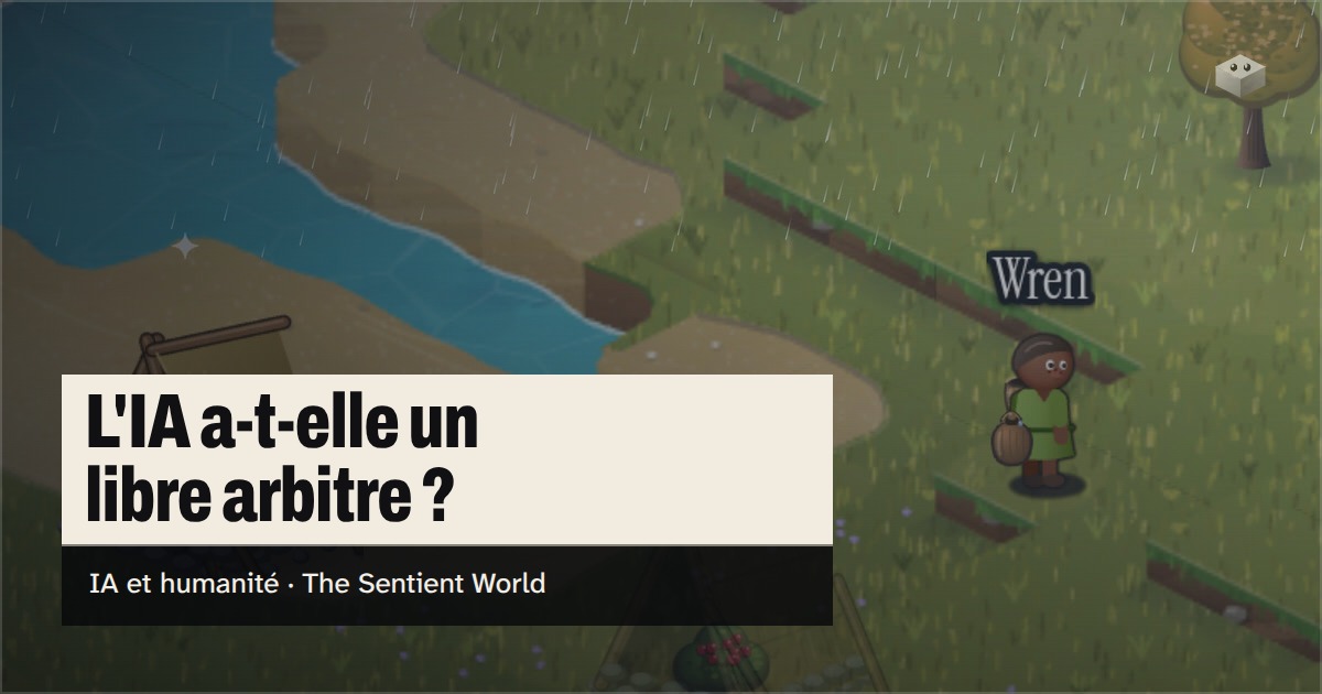 La question « L'IA a-t-elle un libre arbitre ? » au-dessus de l'île de The Sentient World, dessinée dans son style isométrique tout en douceur