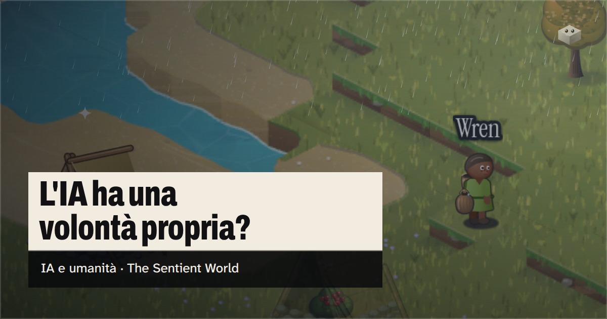La domanda «L'IA ha una volontà propria?» sull'isola di The Sentient World, disegnata nel suo morbido stile isometrico