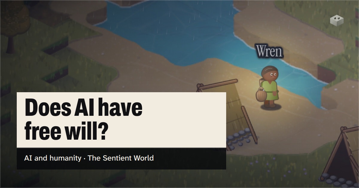 The question "Does AI have free will?" over the island of The Sentient World, drawn in its soft isometric style