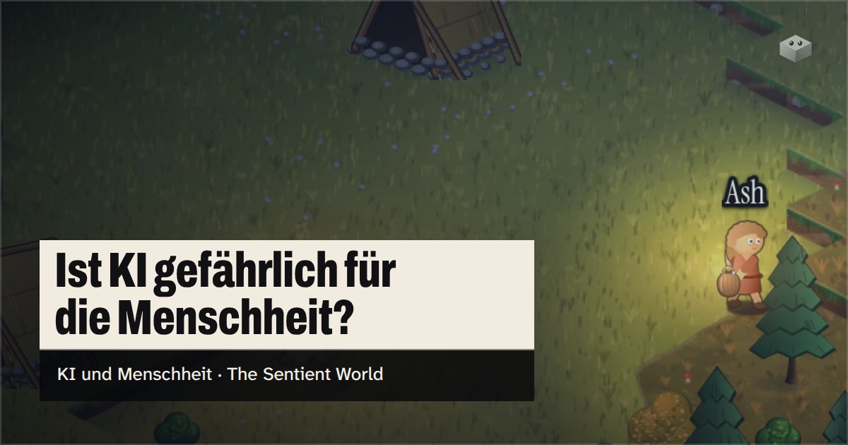 Die Frage „Ist KI gefährlich für die Menschheit?“ über der Insel von The Sentient World, gezeichnet in ihrem weichen isometrischen Stil
